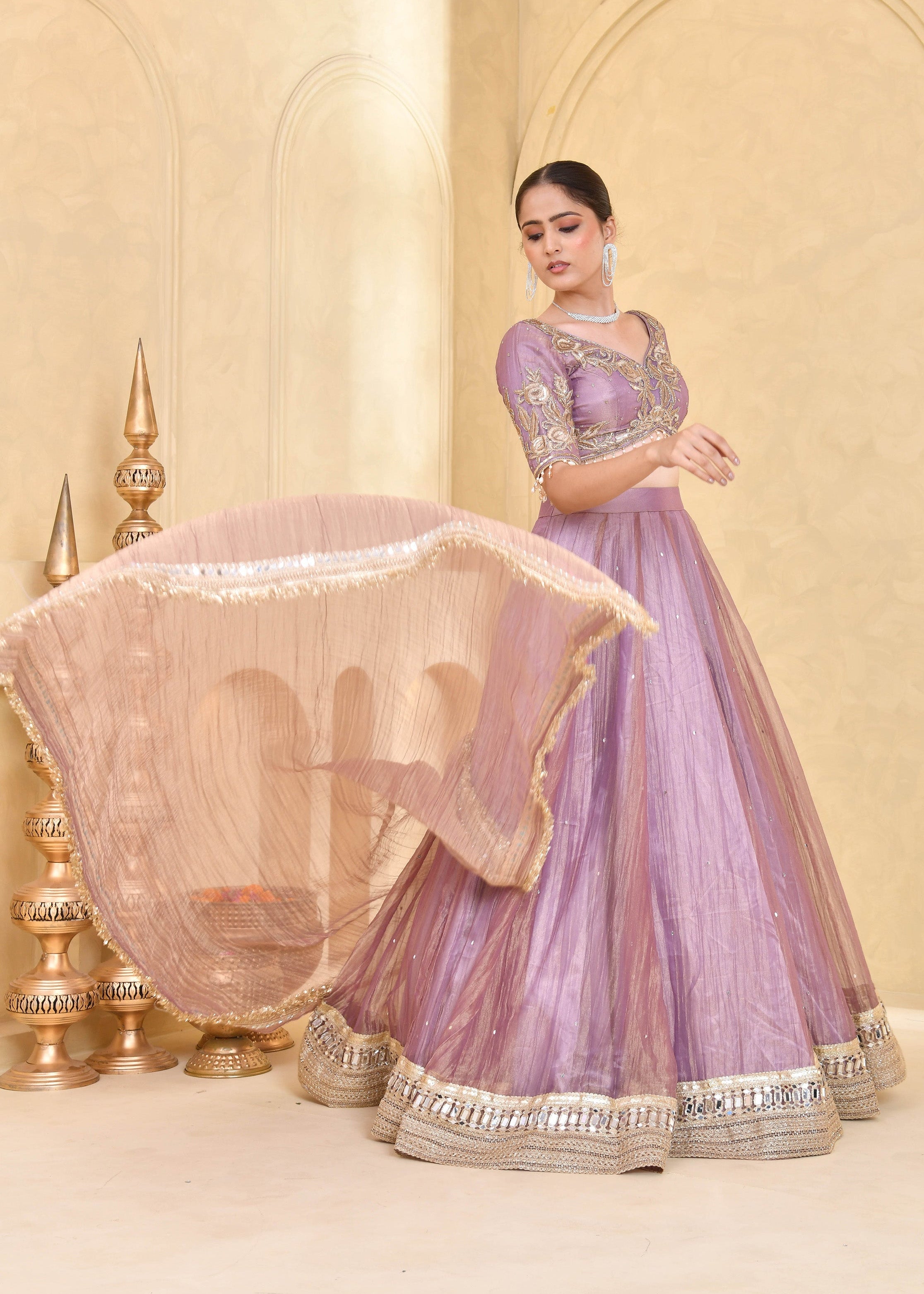 Mauve Purple Hand-Embroidered Tissue Lehenga