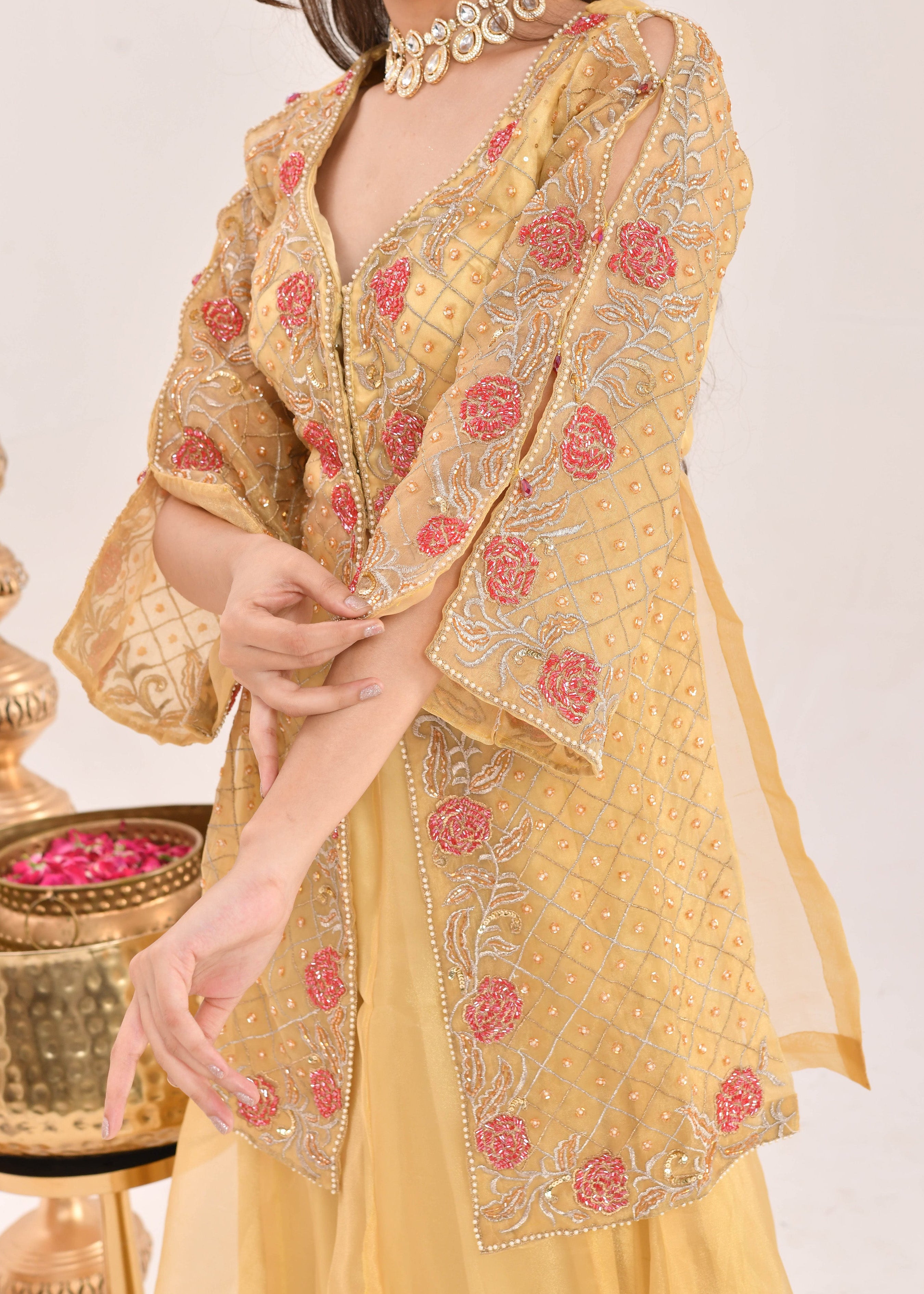 Mustard Yellow Hand-Embroidered Organza Sharara Suit