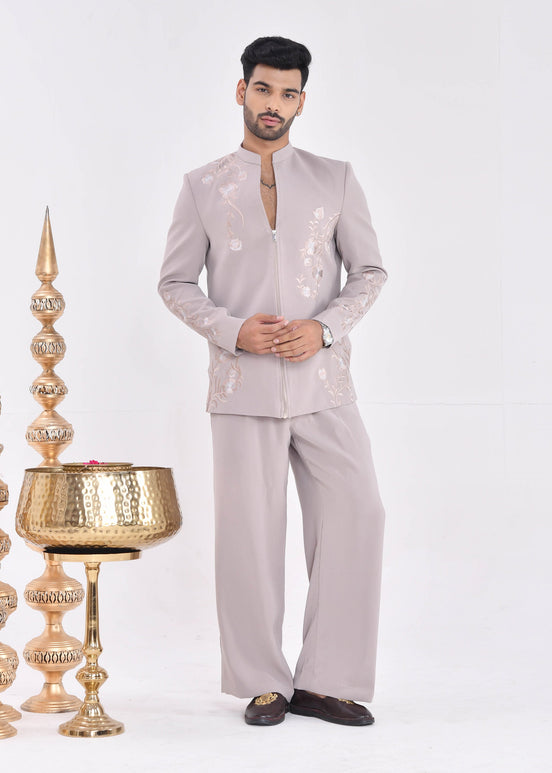 Taupe Embroidered Crepe Bandhgala Indo-Western Suit