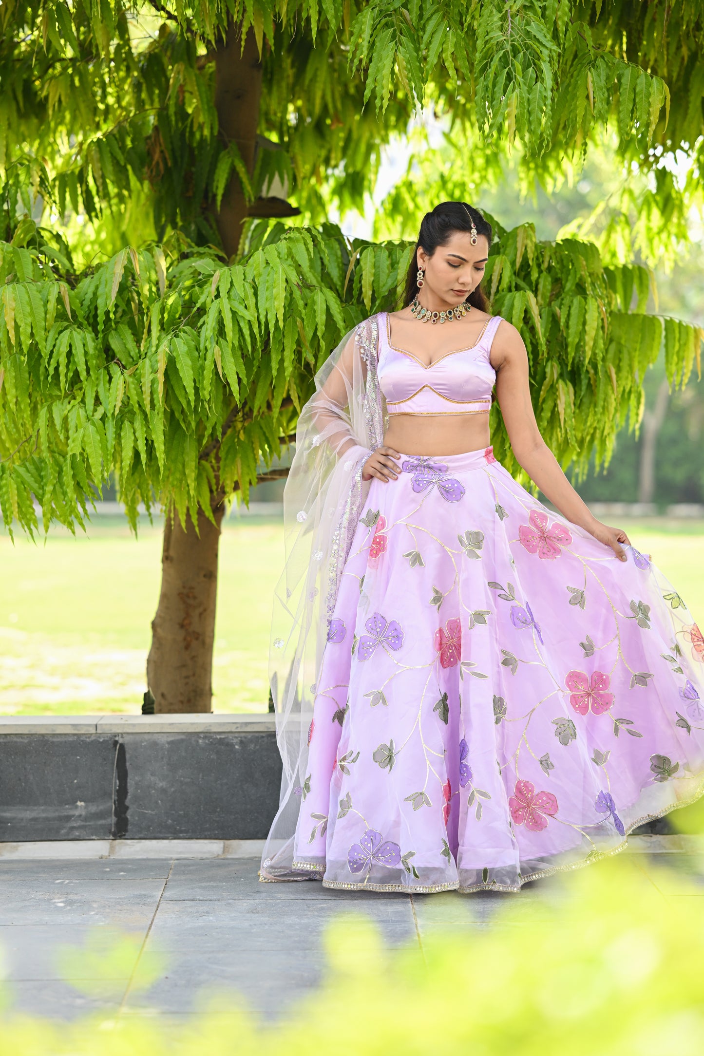 Lavender Multicolor Floral Embroidered Organza Lehenga
