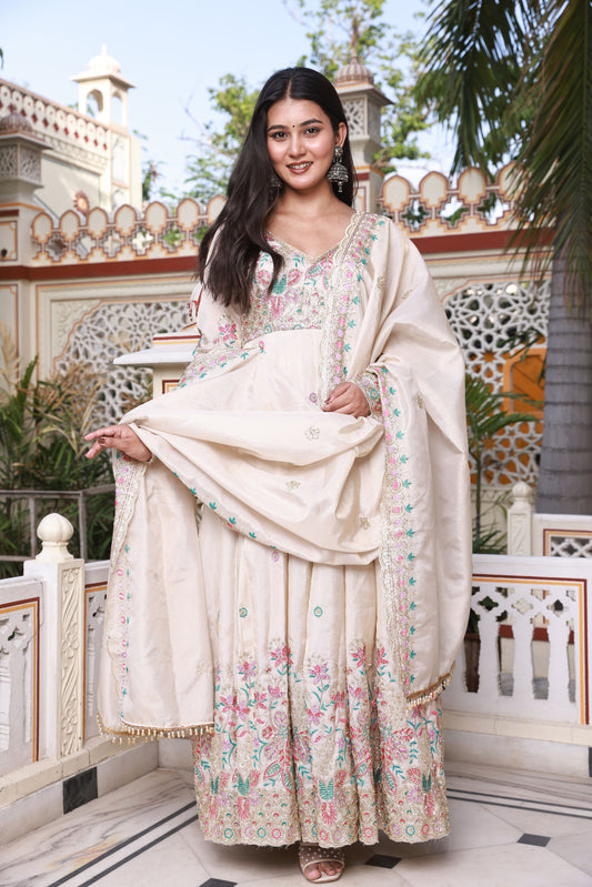 Light Beige Floral Hand-Work Crepe Silk Gown