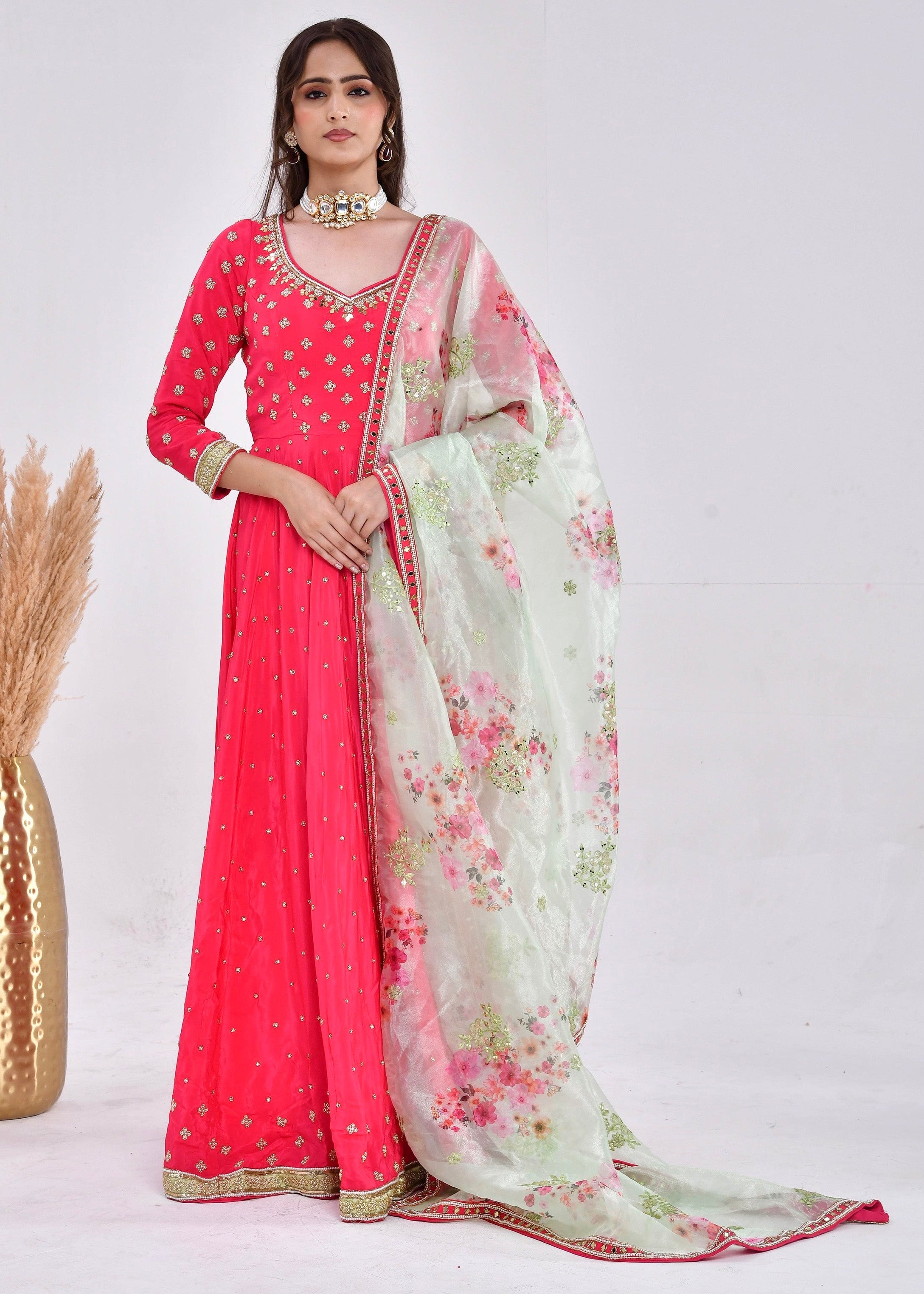 Hot Pink Hand-Embroidered Silk Anarkali Suit
