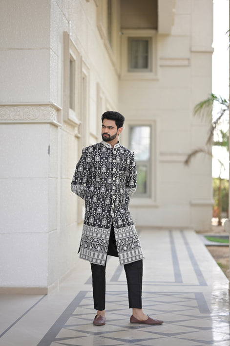Black and White Embroidered Sherwani
