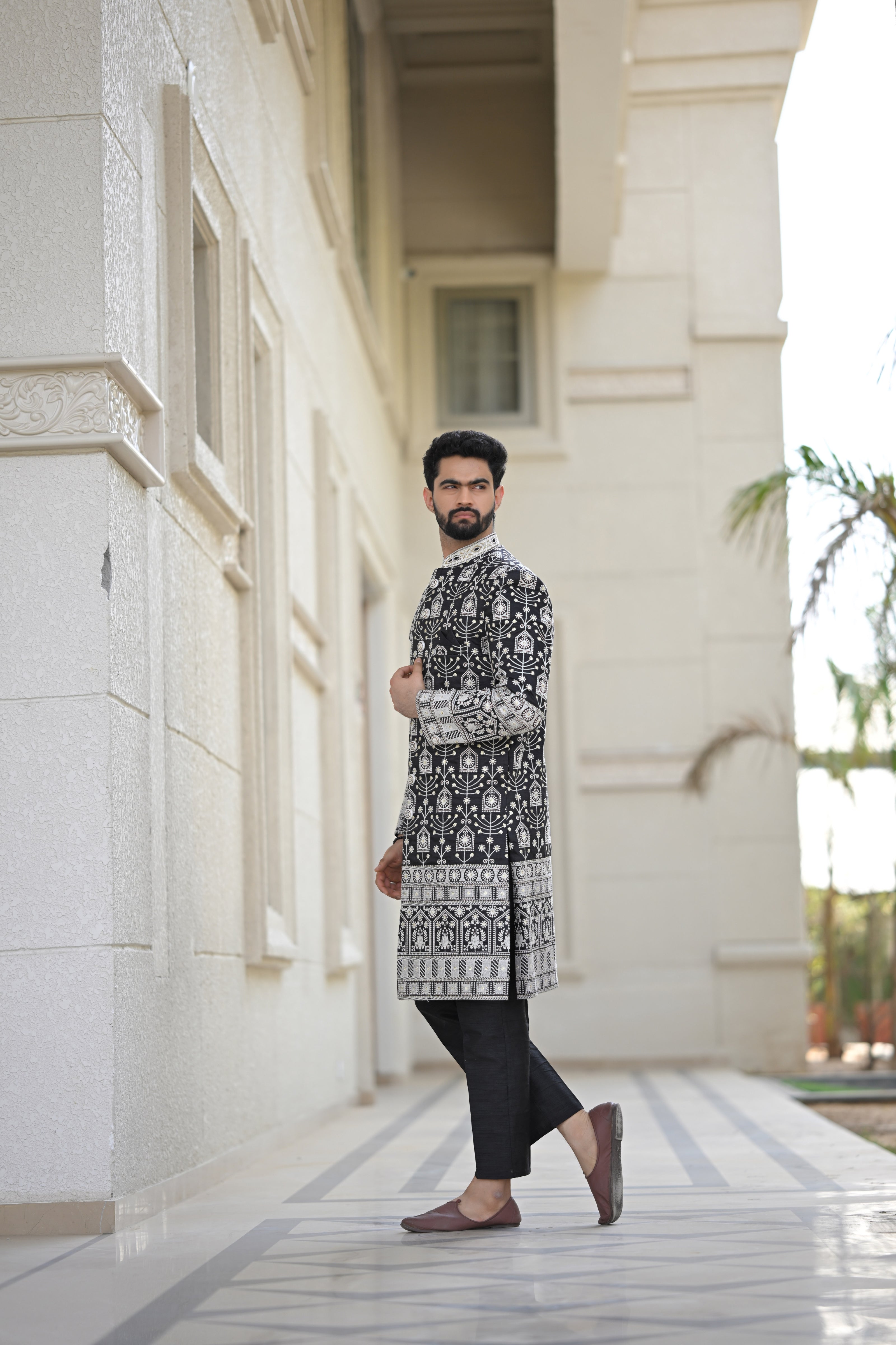 Black and White Embroidered Sherwani