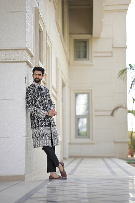 Black and White Embroidered Sherwani