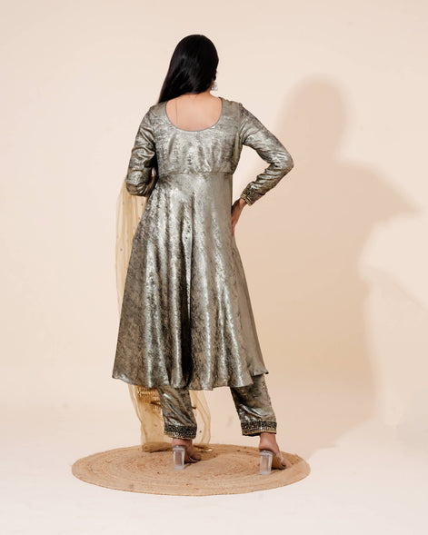 Silver and Olive Gold Hand - Work Velvet Anarkali - Liza’s FashionLiza’s FashionAnarkaliXXSSilver and Olive Gold Hand - Work Velvet Anarkali