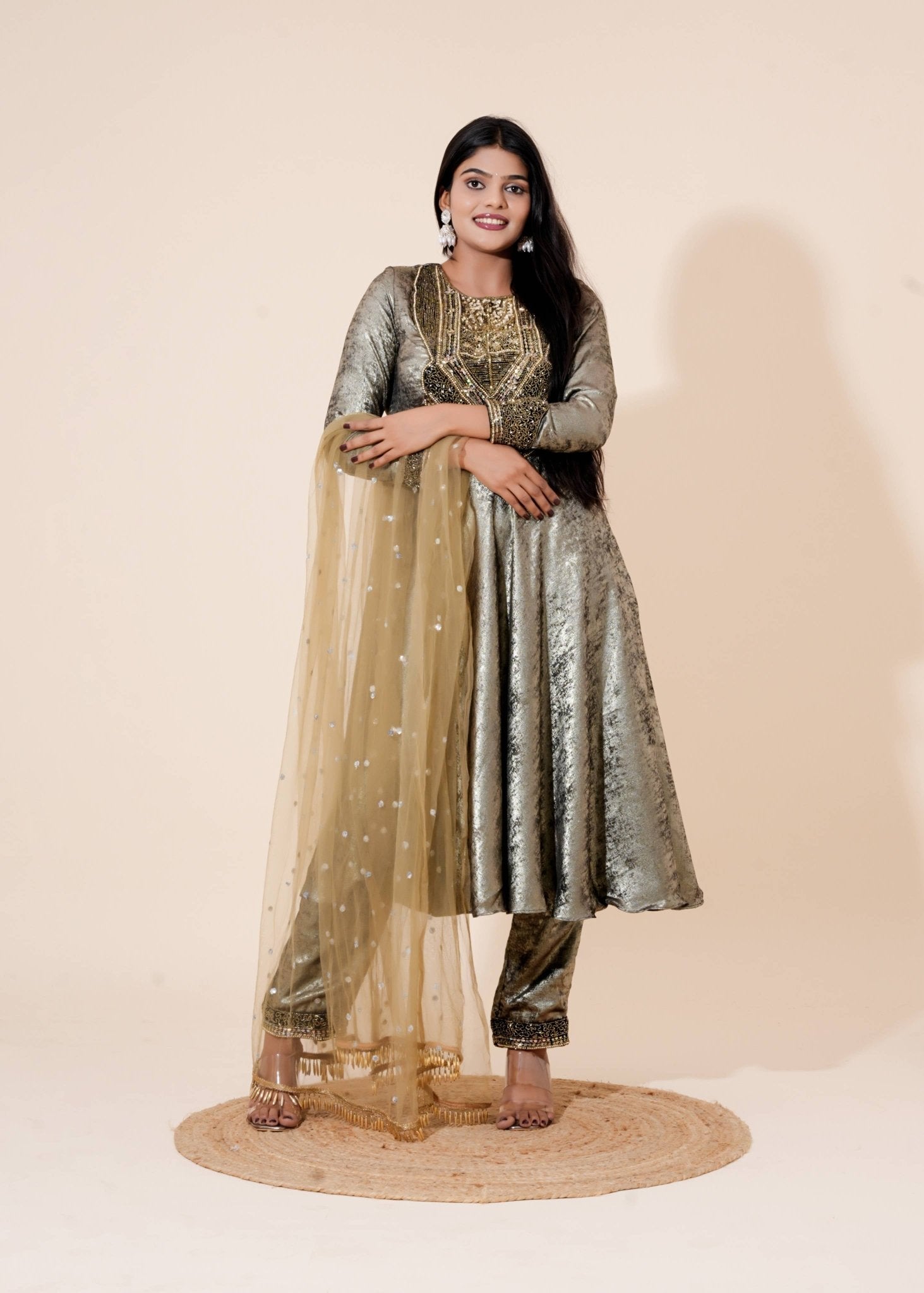 Silver and Olive Gold Hand - Work Velvet Anarkali - Liza’s FashionLiza’s FashionAnarkaliXXSSilver and Olive Gold Hand - Work Velvet Anarkali