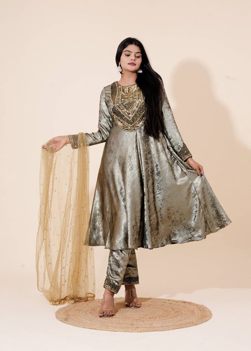 Silver and Olive Gold Hand - Work Velvet Anarkali - Liza’s FashionLiza’s FashionAnarkaliXXSSilver and Olive Gold Hand - Work Velvet Anarkali