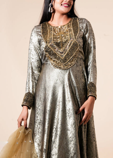 Silver and Olive Gold Hand - Work Velvet Anarkali - Liza’s FashionLiza’s FashionAnarkaliXXSSilver and Olive Gold Hand - Work Velvet Anarkali