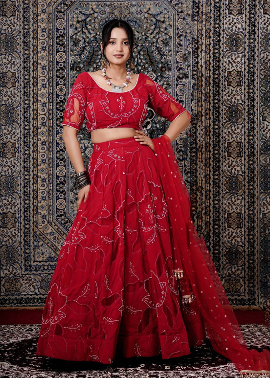 Red Embroidered Georgette Lehenga - Liza’s FashionLiza’s FashionLehengaXXSRed Embroidered Georgette Lehenga