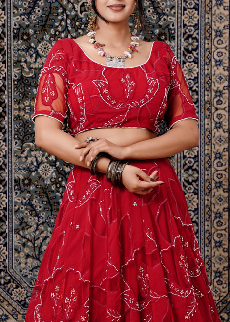 Red Embroidered Georgette Lehenga - Liza’s FashionLiza’s FashionLehengaXXSRed Embroidered Georgette Lehenga