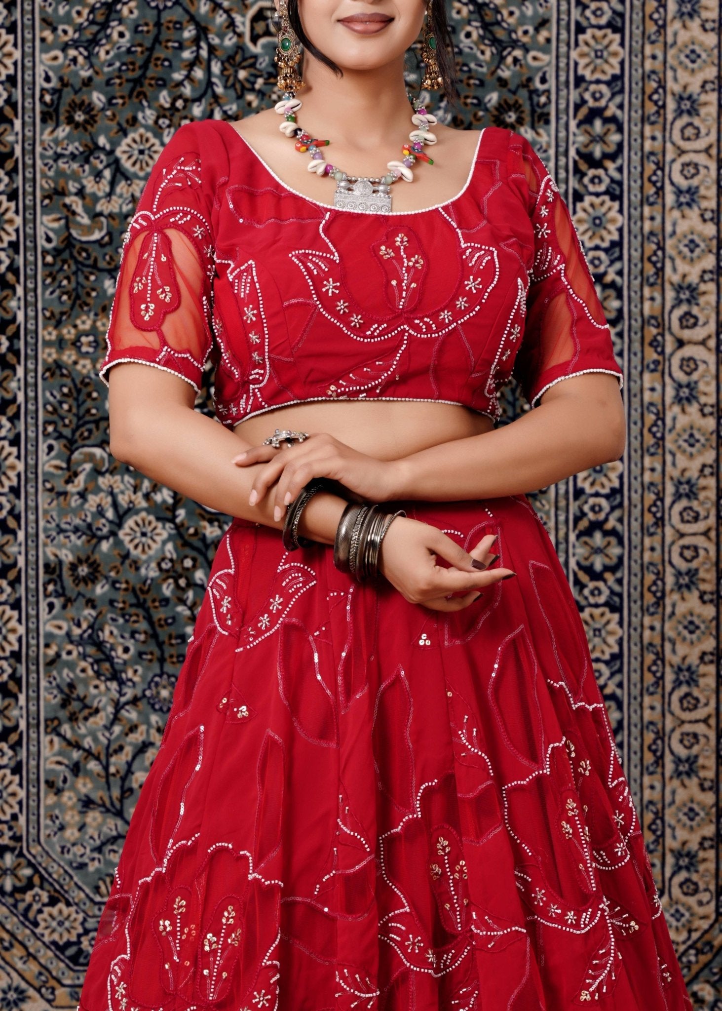 Red Embroidered Georgette Lehenga - Liza’s FashionLiza’s FashionLehengaXXSRed Embroidered Georgette Lehenga