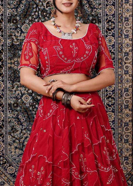 Red Embroidered Georgette Lehenga - Liza’s FashionLiza’s FashionLehengaXXSRed Embroidered Georgette Lehenga