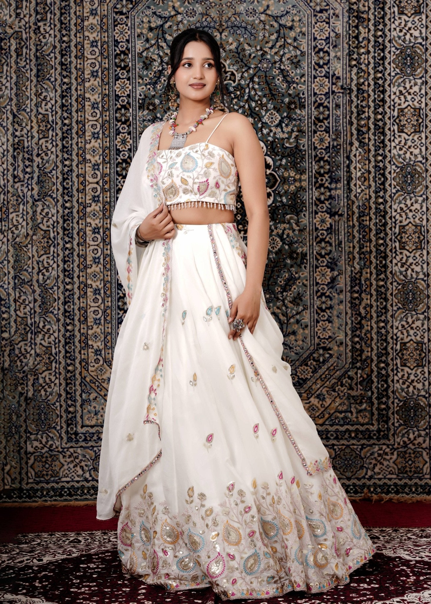Ivory Multicolor Resham Embroidered Silk Lehenga - Liza’s FashionLiza’s FashionLehengaXXSIvory Multicolor Resham Embroidered Silk Lehenga