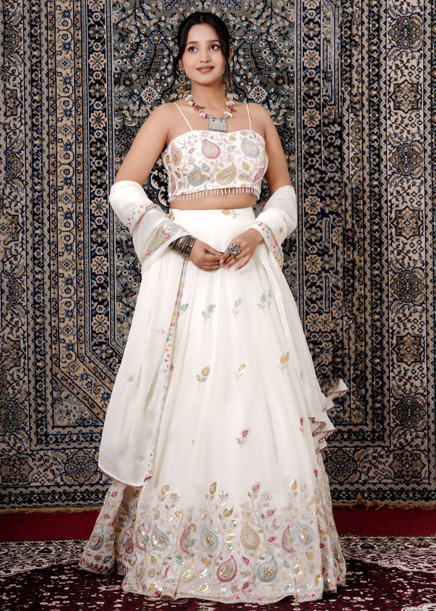 Ivory Multicolor Resham Embroidered Silk Lehenga - Liza’s FashionLiza’s FashionLehengaXXSIvory Multicolor Resham Embroidered Silk Lehenga