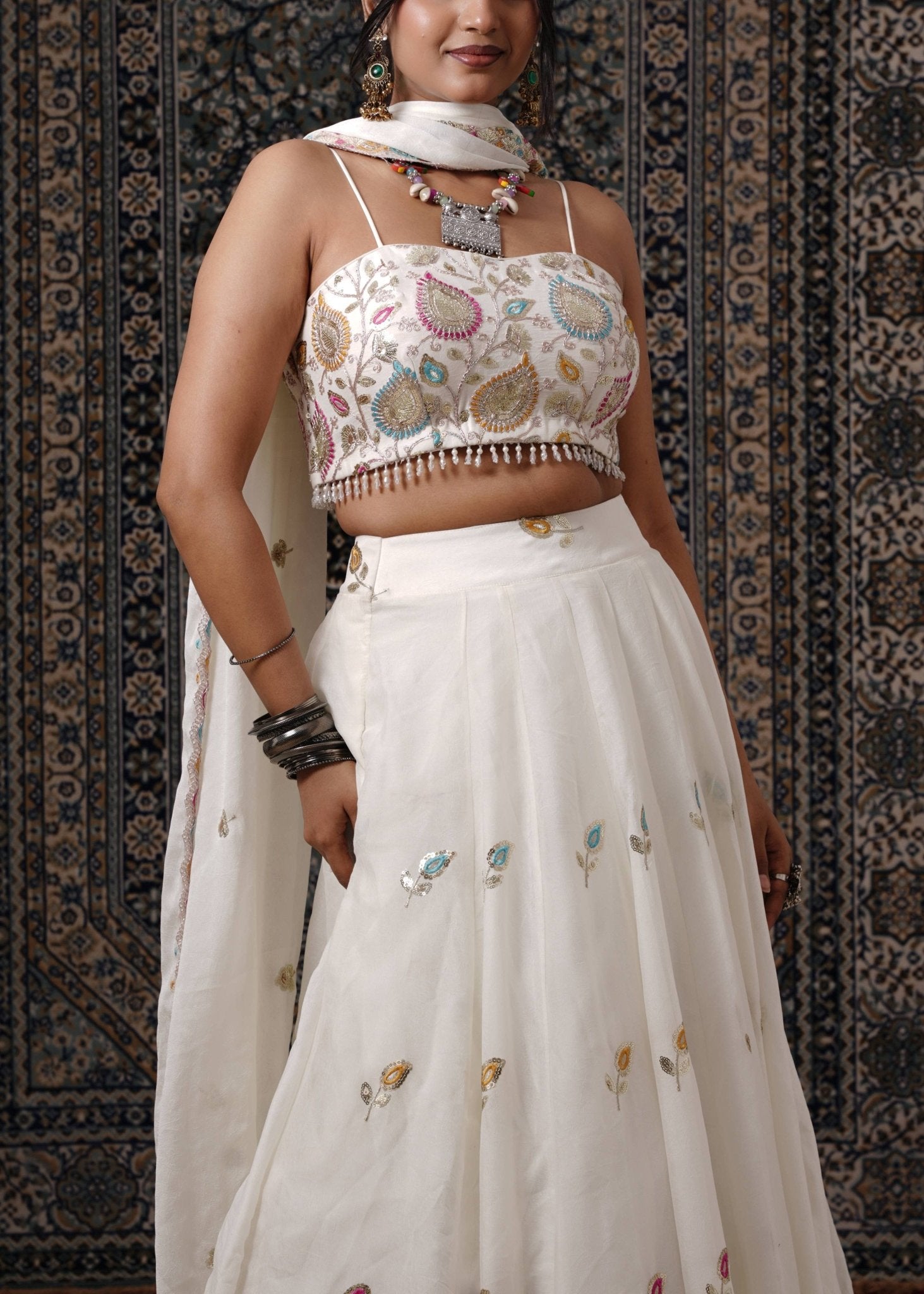 Ivory Multicolor Resham Embroidered Silk Lehenga - Liza’s FashionLiza’s FashionLehengaXXSIvory Multicolor Resham Embroidered Silk Lehenga