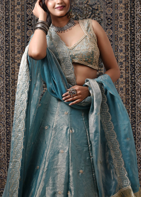 Teal Blue Embroidered Silk Lehenga - Liza’s FashionLiza’s FashionLehengaXXSTeal Blue Embroidered Silk Lehenga
