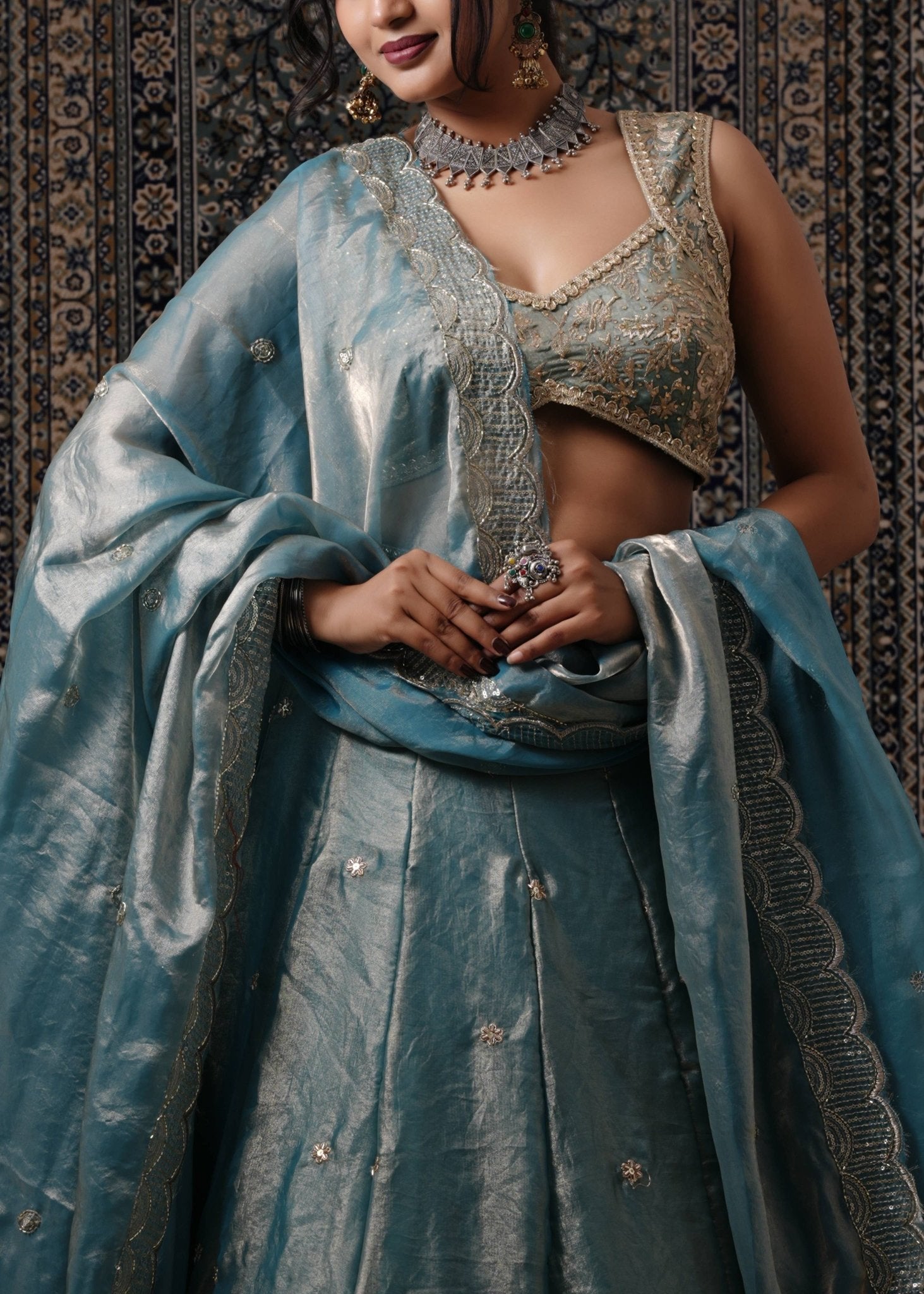 Teal Blue Embroidered Silk Lehenga - Liza’s FashionLiza’s FashionLehengaXXSTeal Blue Embroidered Silk Lehenga