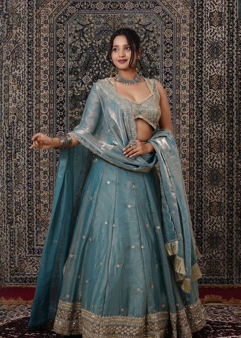 Teal Blue Embroidered Silk Lehenga - Liza’s FashionLiza’s FashionLehengaXXSTeal Blue Embroidered Silk Lehenga