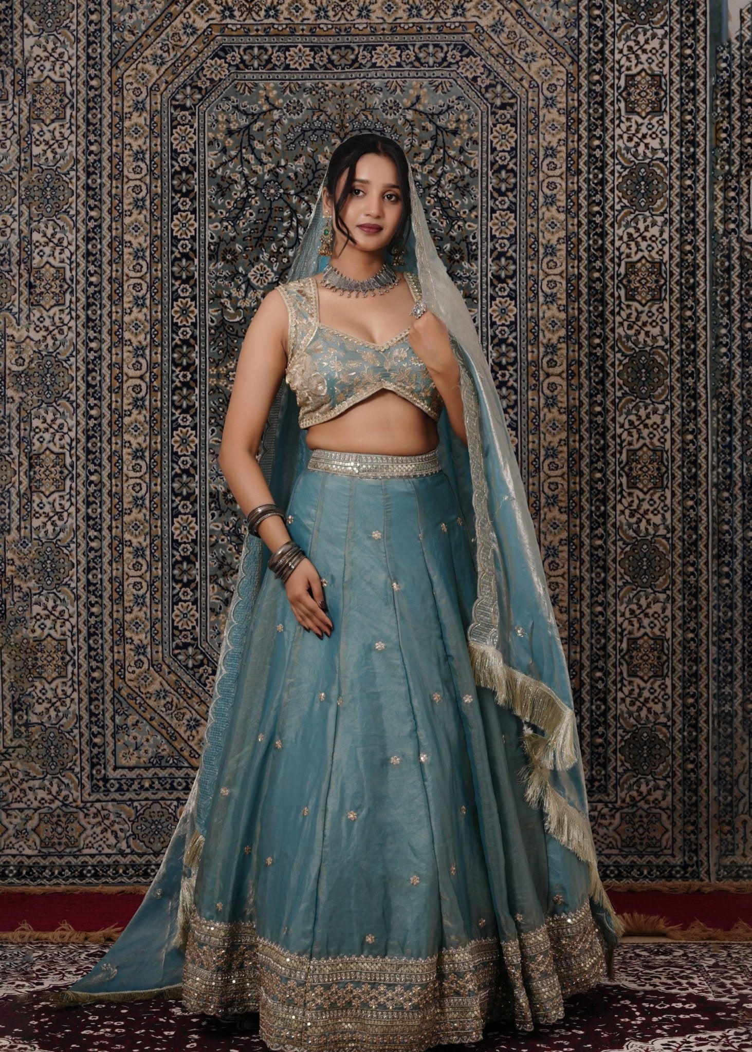 Teal Blue Embroidered Silk Lehenga - Liza’s FashionLiza’s FashionLehengaXXSTeal Blue Embroidered Silk Lehenga