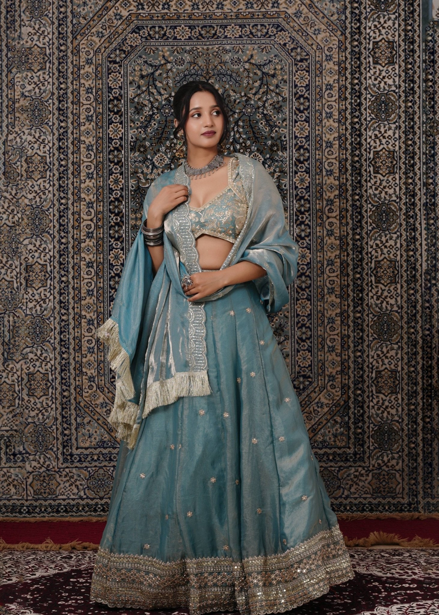 Teal Blue Embroidered Silk Lehenga - Liza’s FashionLiza’s FashionLehengaXXSTeal Blue Embroidered Silk Lehenga