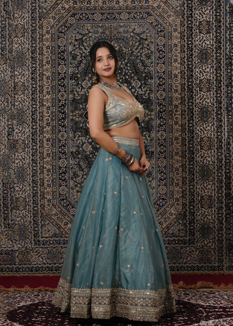 Teal Blue Embroidered Silk Lehenga - Liza’s FashionLiza’s FashionLehengaXXSTeal Blue Embroidered Silk Lehenga