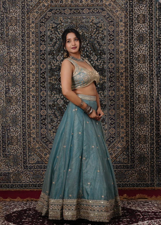 Teal Blue Embroidered Silk Lehenga - Liza’s FashionLiza’s FashionLehengaXXSTeal Blue Embroidered Silk Lehenga