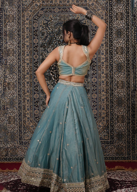 Teal Blue Embroidered Silk Lehenga - Liza’s FashionLiza’s FashionLehengaXXSTeal Blue Embroidered Silk Lehenga