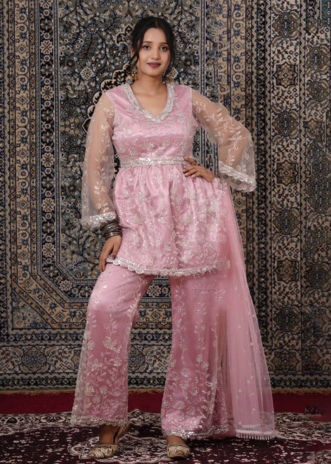Blush Pink Peplum - Style Hand - Work Net Palazzo Suit - Liza’s FashionLiza’s FashionPalazzo SuitXXSBlush Pink Peplum - Style Hand - Work Net Palazzo Suit