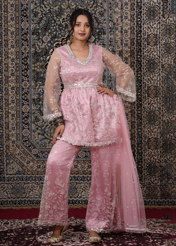 Blush Pink Peplum - Style Hand - Work Net Palazzo Suit - Liza’s FashionLiza’s FashionPalazzo SuitXXSBlush Pink Peplum - Style Hand - Work Net Palazzo Suit