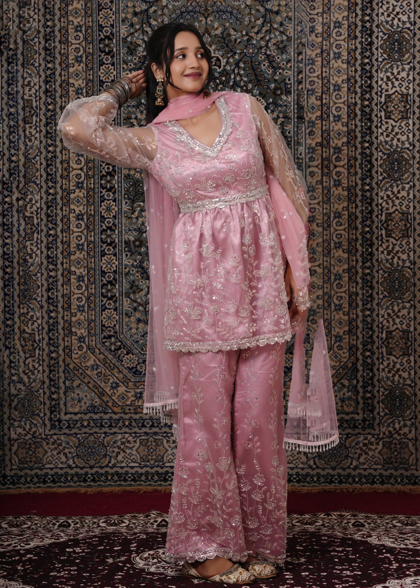 Blush Pink Peplum - Style Hand - Work Net Palazzo Suit - Liza’s FashionLiza’s FashionPalazzo SuitXXSBlush Pink Peplum - Style Hand - Work Net Palazzo Suit