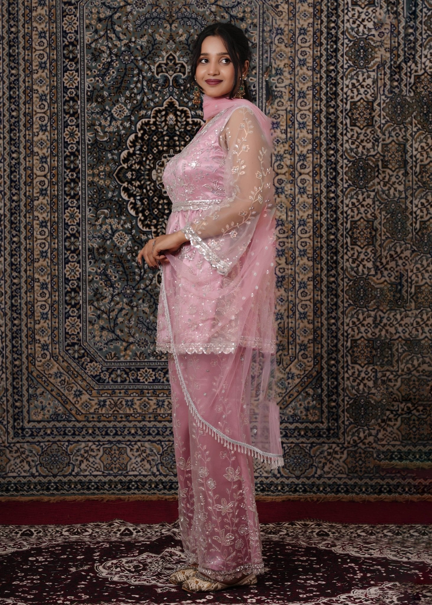 Blush Pink Peplum - Style Hand - Work Net Palazzo Suit - Liza’s FashionLiza’s FashionPalazzo SuitXXSBlush Pink Peplum - Style Hand - Work Net Palazzo Suit