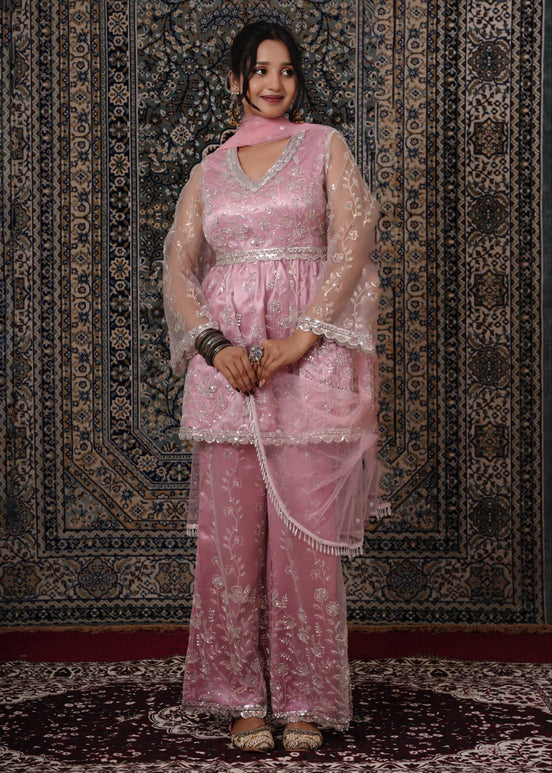 Blush Pink Peplum - Style Hand - Work Net Palazzo Suit - Liza’s FashionLiza’s FashionPalazzo SuitXXSBlush Pink Peplum - Style Hand - Work Net Palazzo Suit