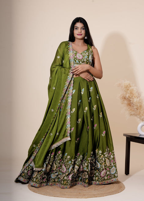 Olive Green Multicolor Resham Embroidered Silk Lehenga - Liza’s FashionLiza’s FashionXXSOlive Green Multicolor Resham Embroidered Silk Lehenga