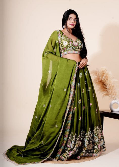 Olive Green Multicolor Resham Embroidered Silk Lehenga - Liza’s FashionLiza’s FashionXXSOlive Green Multicolor Resham Embroidered Silk Lehenga
