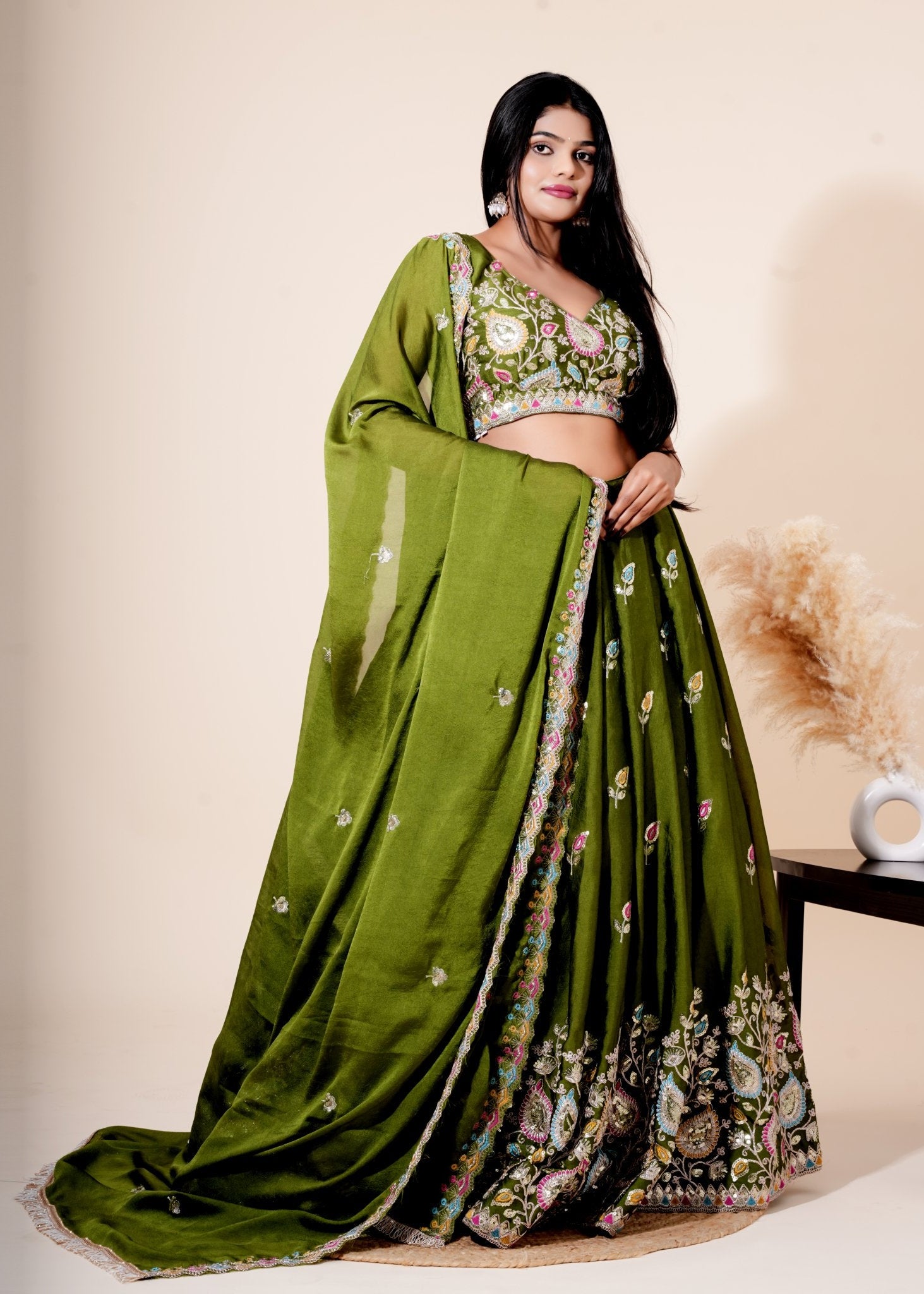 Olive Green Multicolor Resham Embroidered Silk Lehenga - Liza’s FashionLiza’s FashionXXSOlive Green Multicolor Resham Embroidered Silk Lehenga