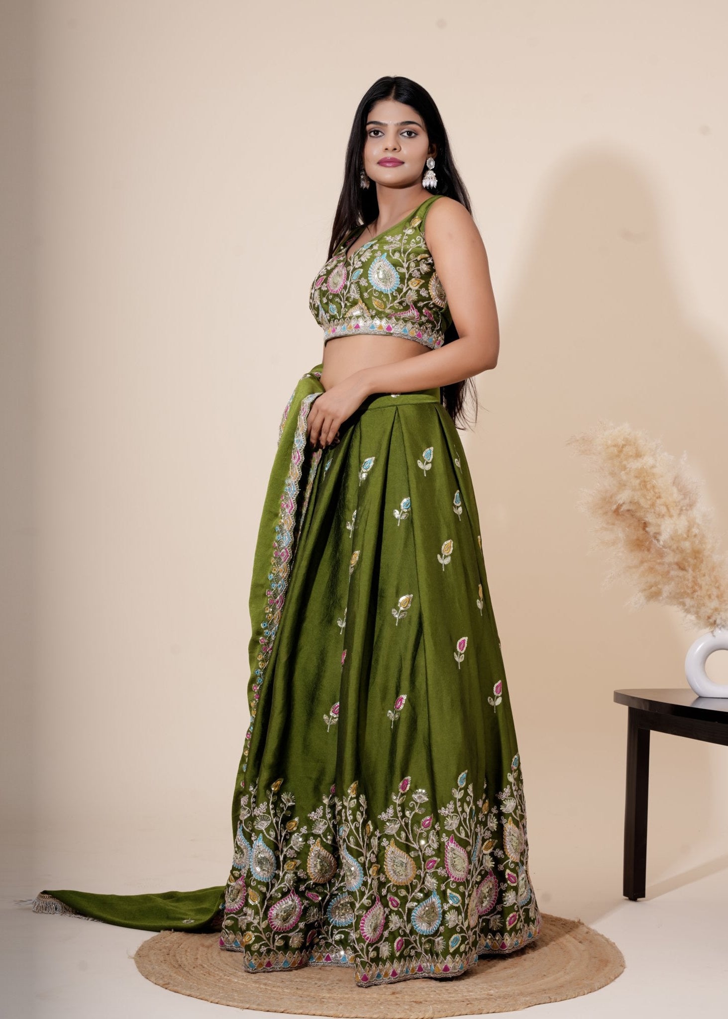 Olive Green Multicolor Resham Embroidered Silk Lehenga - Liza’s FashionLiza’s FashionXXSOlive Green Multicolor Resham Embroidered Silk Lehenga
