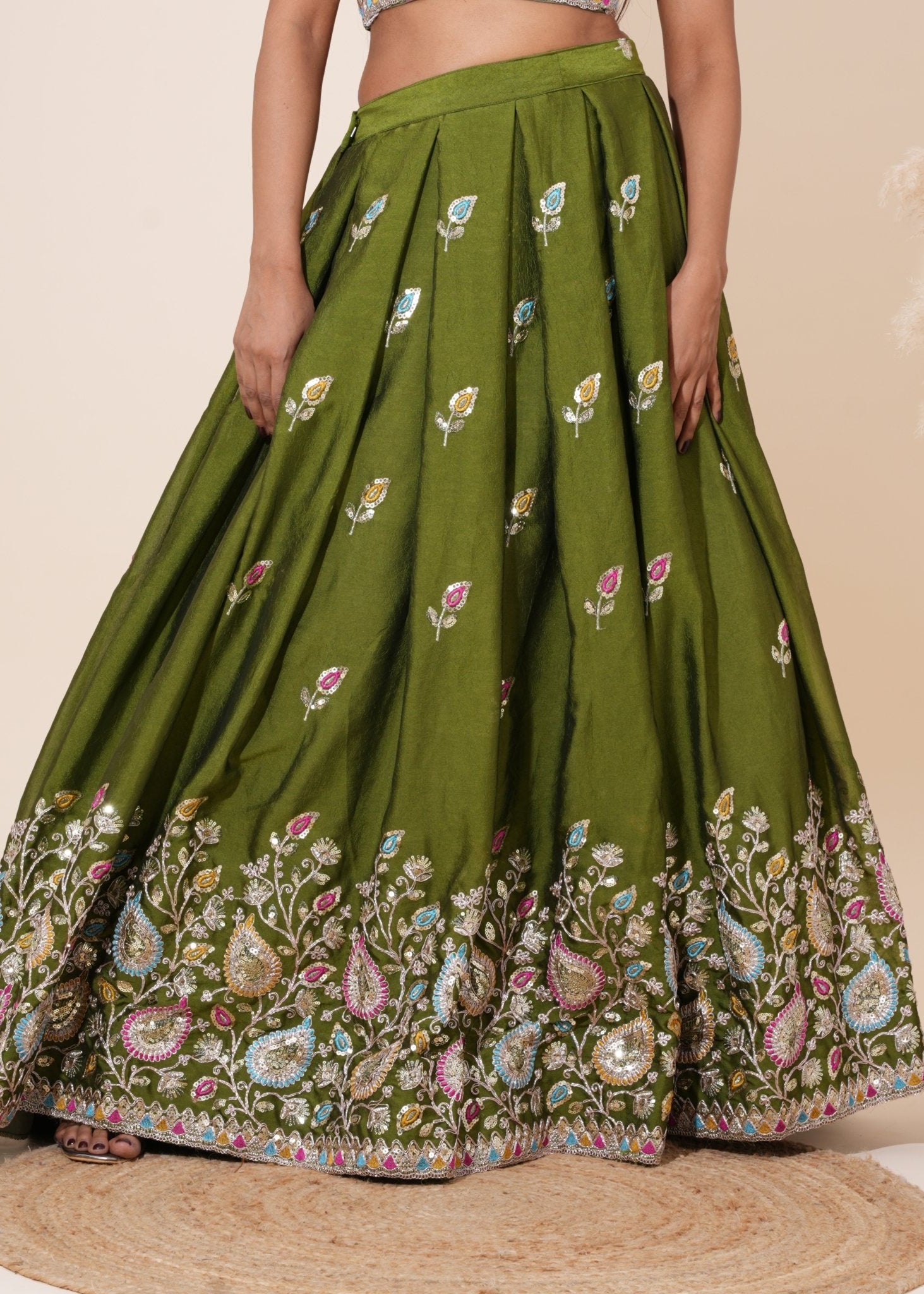 Olive Green Multicolor Resham Embroidered Silk Lehenga - Liza’s FashionLiza’s FashionXXSOlive Green Multicolor Resham Embroidered Silk Lehenga