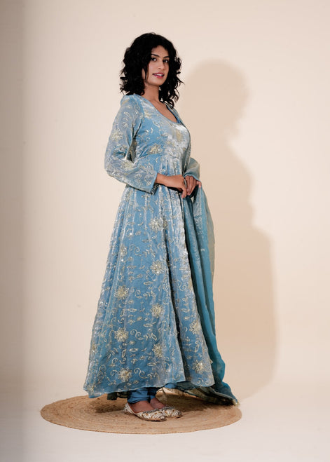 Powder Blue Hand - Work Silk Anarkali - Liza’s FashionLiza’s FashionAnarkaliXXSPowder Blue Hand - Work Silk Anarkali