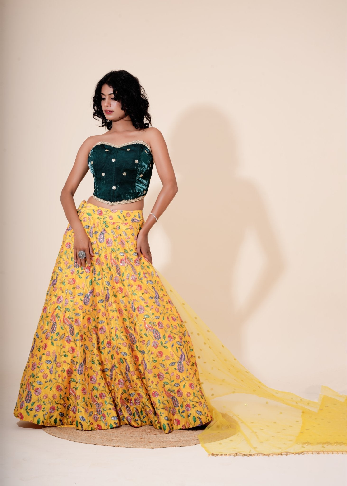 Yellow and Green Multicolor Floral Printed Silk Lehenga - Liza’s FashionLiza’s FashionLehengaXXSYellow and Green Multicolor Floral Printed Silk Lehenga