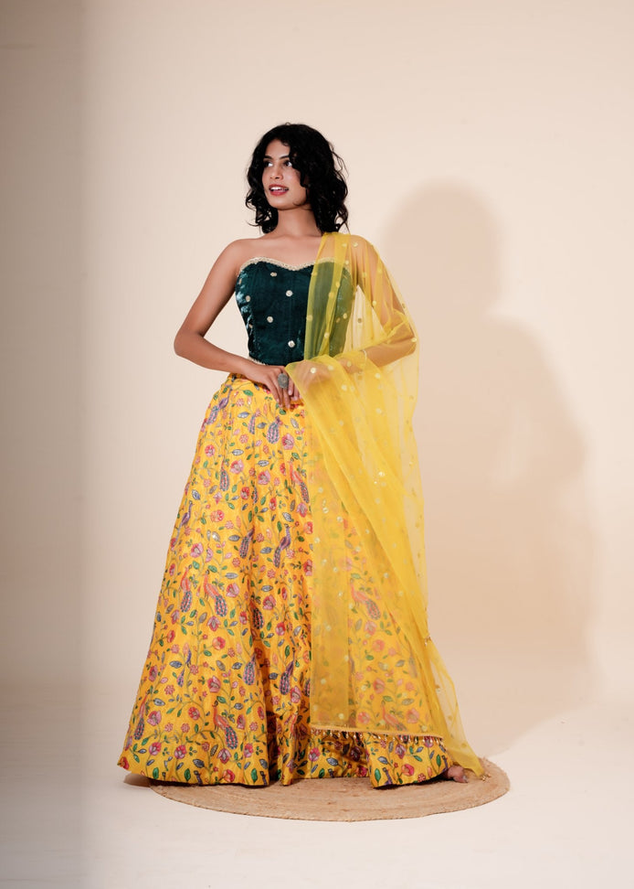 Yellow and Green Multicolor Floral Printed Silk Lehenga - Liza’s FashionLiza’s FashionLehengaXXSYellow and Green Multicolor Floral Printed Silk Lehenga