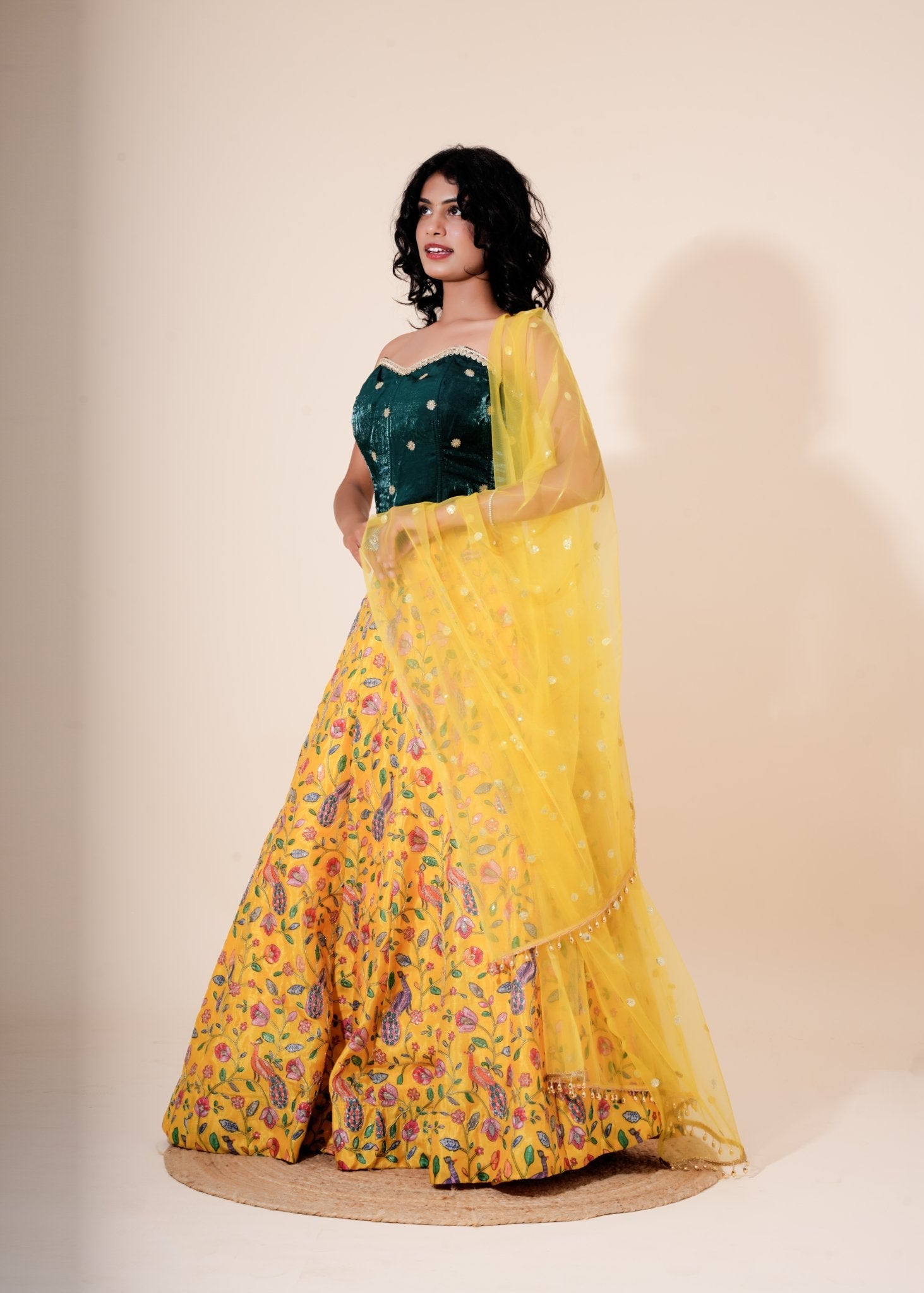 Yellow and Green Multicolor Floral Printed Silk Lehenga - Liza’s FashionLiza’s FashionLehengaXXSYellow and Green Multicolor Floral Printed Silk Lehenga