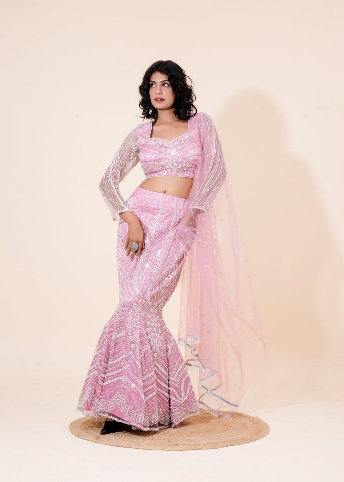 Light Pink Hand - Work Net Fishcut Lehenga - Liza’s FashionLiza’s FashionLehengaXXSLight Pink Hand - Work Net Fishcut Lehenga