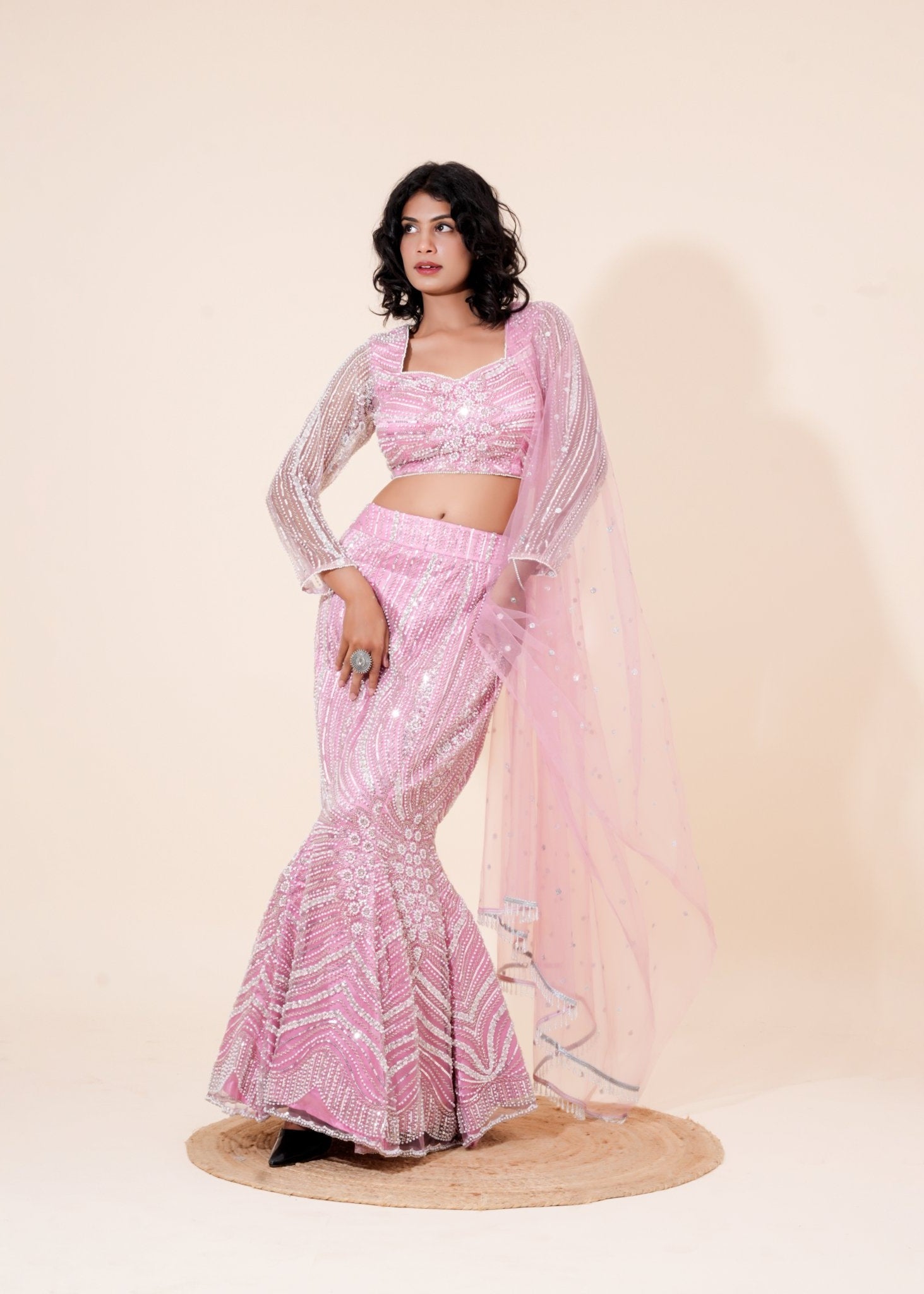 Light Pink Hand - Work Net Fishcut Lehenga - Liza’s FashionLiza’s FashionLehengaXXSLight Pink Hand - Work Net Fishcut Lehenga