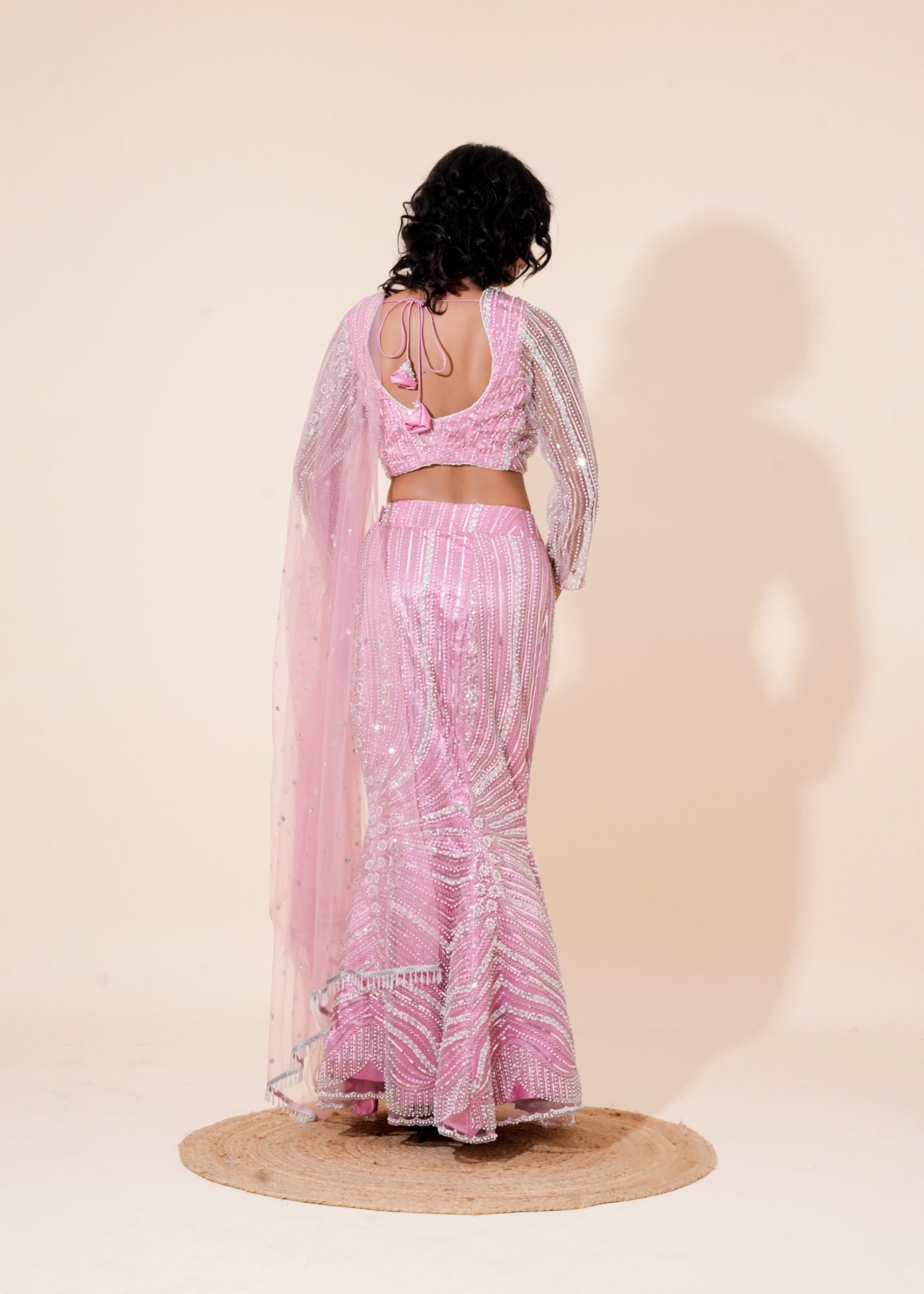 Light Pink Hand - Work Net Fishcut Lehenga - Liza’s FashionLiza’s FashionLehengaXXSLight Pink Hand - Work Net Fishcut Lehenga