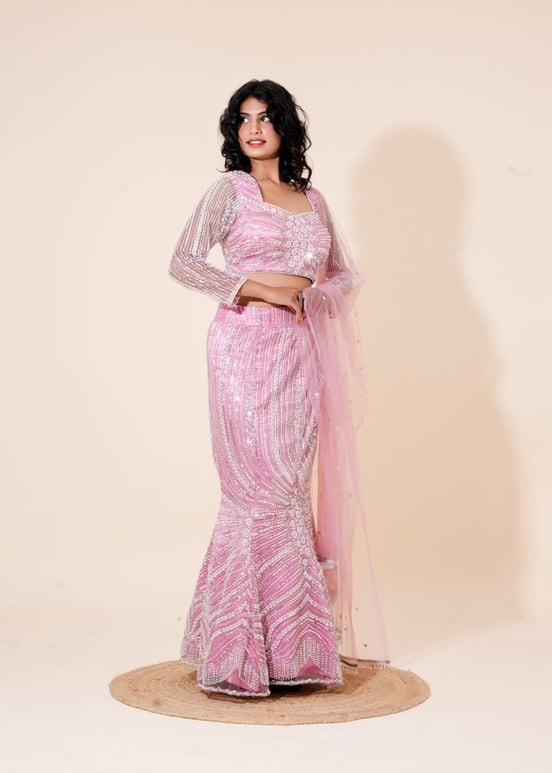 Light Pink Hand - Work Net Fishcut Lehenga - Liza’s FashionLiza’s FashionLehengaXXSLight Pink Hand - Work Net Fishcut Lehenga