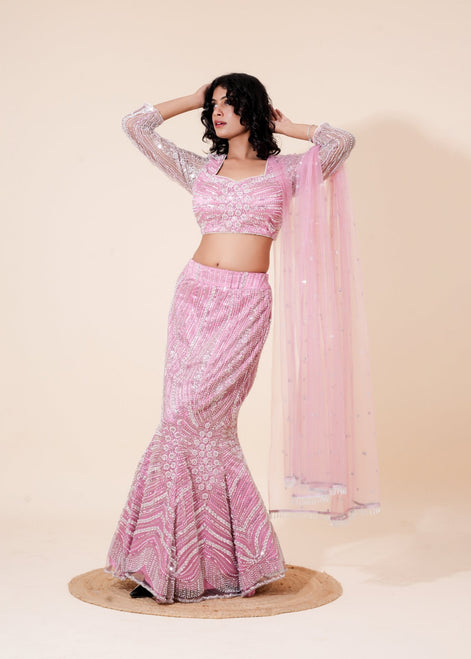 Light Pink Hand - Work Net Fishcut Lehenga - Liza’s FashionLiza’s FashionLehengaXXSLight Pink Hand - Work Net Fishcut Lehenga