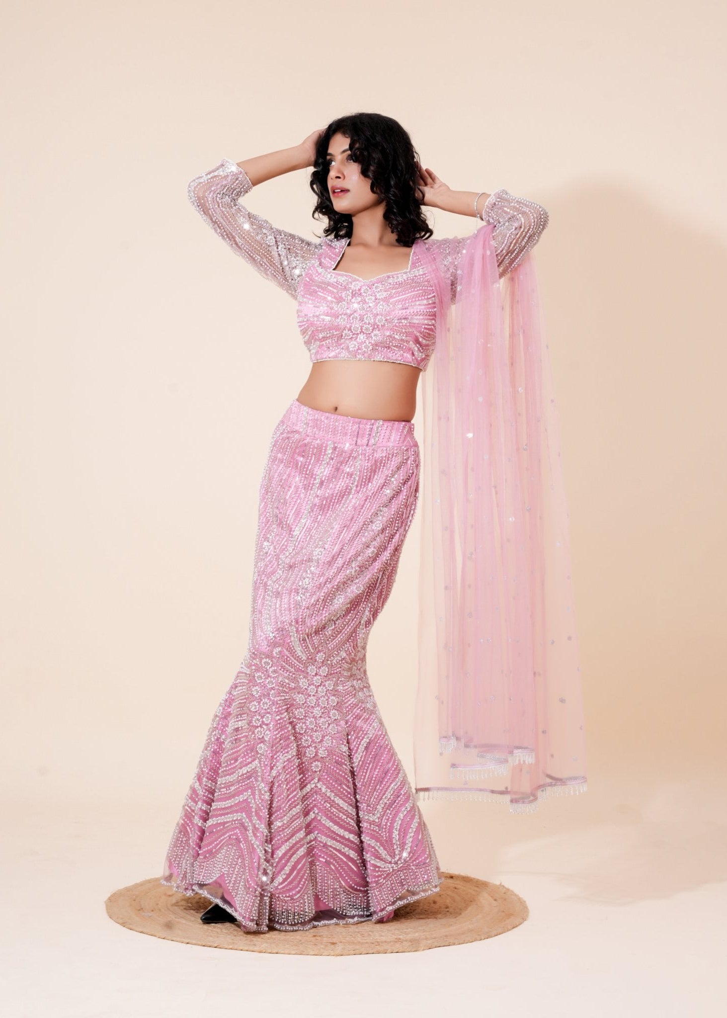 Light Pink Hand - Work Net Fishcut Lehenga - Liza’s FashionLiza’s FashionLehengaXXSLight Pink Hand - Work Net Fishcut Lehenga