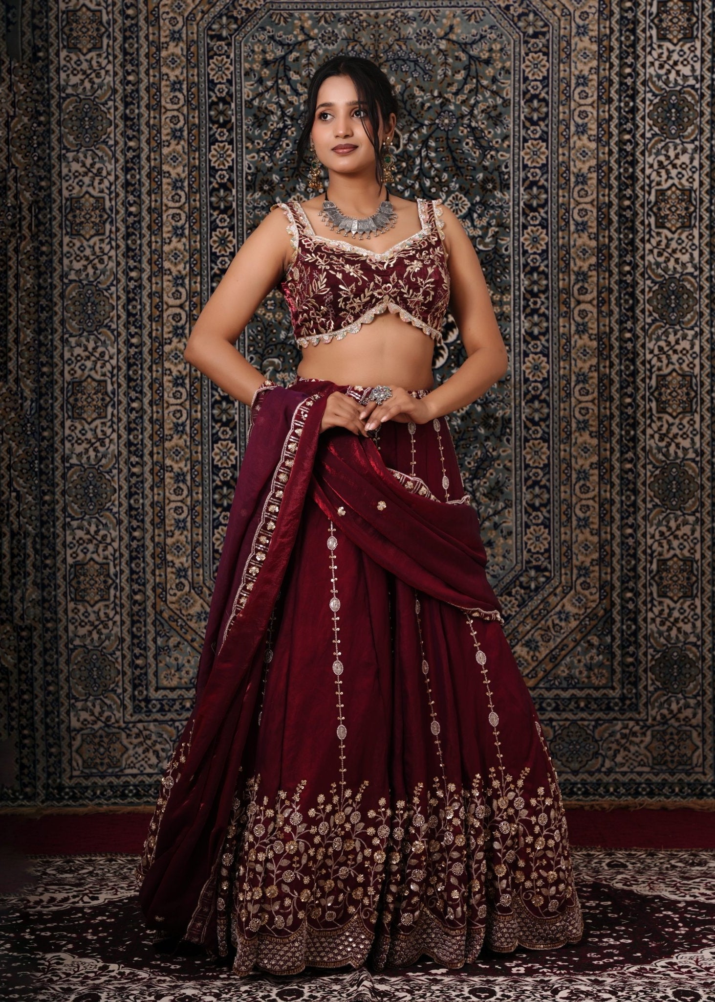 Dark Maroon Embroidered Silk Lehenga - Liza’s FashionLiza’s FashionLehengaXXSDark Maroon Embroidered Silk Lehenga