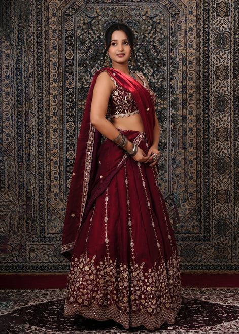 Dark Maroon Embroidered Silk Lehenga - Liza’s FashionLiza’s FashionLehengaXXSDark Maroon Embroidered Silk Lehenga